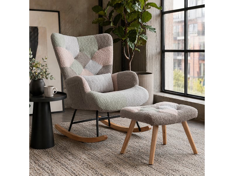  Rocking-chair avec repose-pieds, coussin lombaire et pieds réglables, structure en bois d'hévéa, velours multicolore  - Conforama C