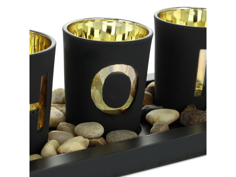  Lot de photophores décoratifs avec plateau esthétiques 4 bougeoirs 60 x 20 x 5 cm en métal noir 13_0011906  - Conforama C