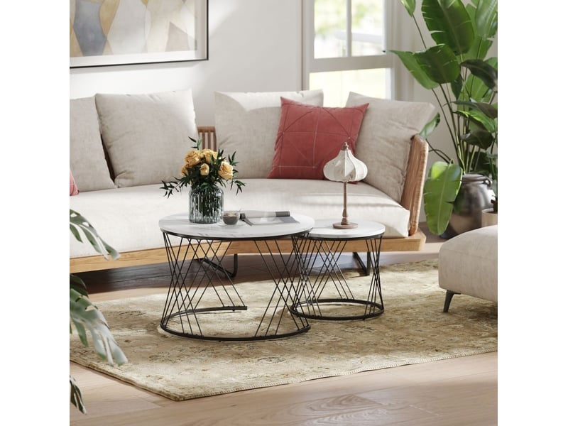  Tables basses gigognes ulevr rondes effet marbre blanc, lot de 2, ø 70 et ø 44,5 cm, panneaux de particules et métal  - Conforama B