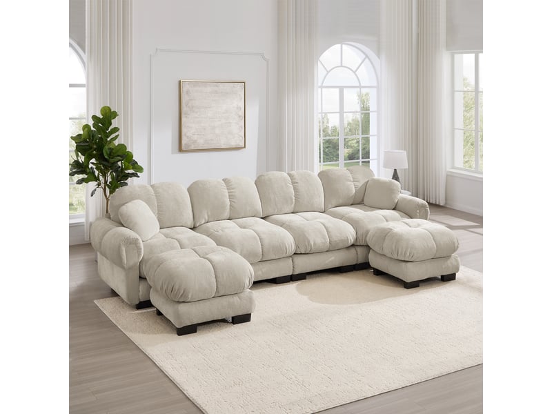 Canapé modulable 4 places 330 cm canapé droit en tissu chenille avec 2 pouf mobile, design matelassé, coussins épais, dossier ergonomique, kaki clair Seren Glow - Conforama B