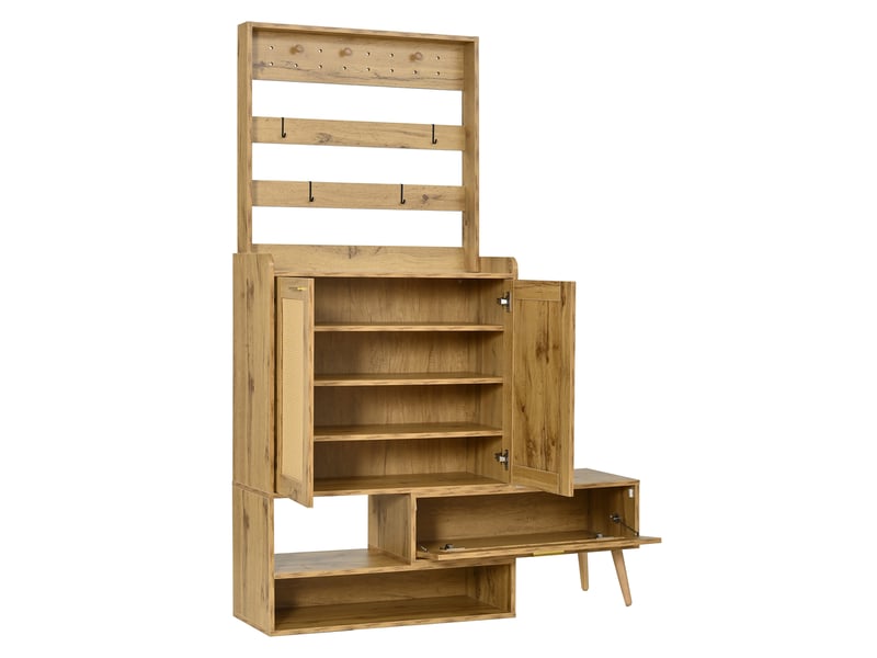  Meuble à chaussures avec banc 123,5x35x180 cm, patères, 2 portes tressées, étagères, banc pivotant, pour entrée et couloir - naturel  - Conforama E