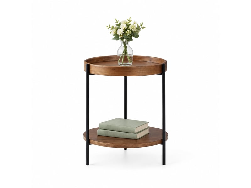  Bout de canapé rond 2 niveaux 44x44x48 cm mdf et métal finition noyer  - Conforama A