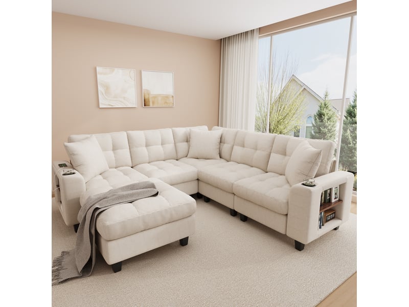  Canapé modulable 5 pl 216,5x216,5x83cm, angle avec repose-pieds, rangement, chenille beige.  - Conforama B