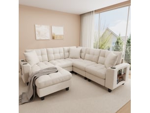 Canapé modulable 5 pl 216,5x216,5x83cm, angle avec repose-pieds, rangement, chenille beige.