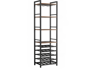 Étagère à vin industrielle 45x35x180 cm en métal et panneau de particules avec porte-verres