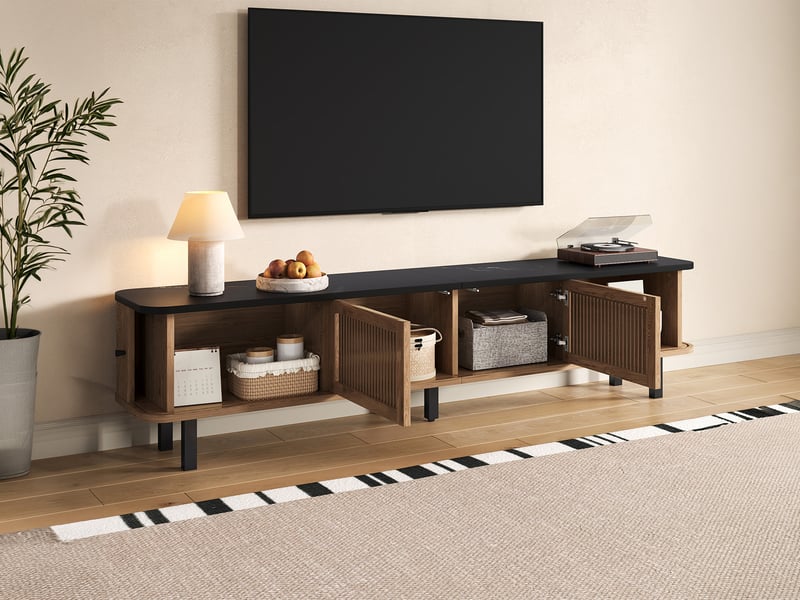 Meuble tv 190 cm bas chêne avec portes coulissantes et ajourées - Conforama B
