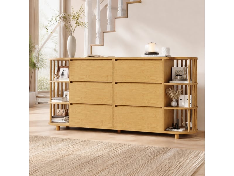 Buffet 160x40x75 cm avec 6 tiroirs et étagères ouvertes en bambou et mdf coloris chêne  - Conforama B