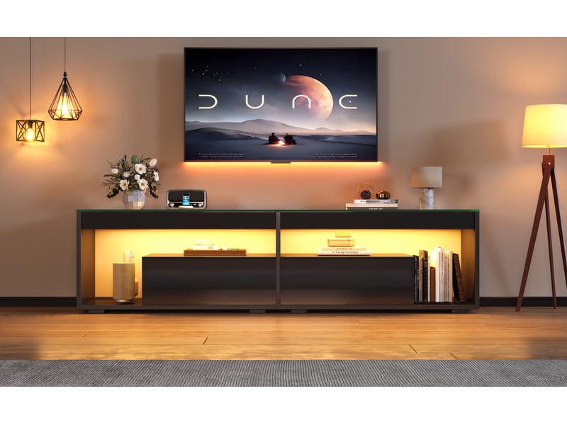  Meuble tv led noir brillant 180 cm pour tv jusqu'à 70 pouces avec 2 tiroirs et plateau en verre trempé  - Conforama R