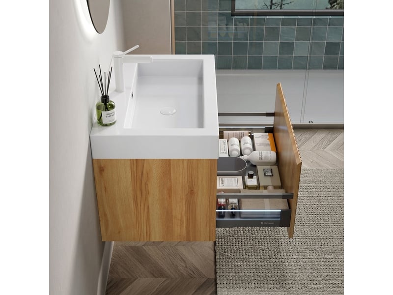  Meuble salle de bain suspendu 70 cm vasque intégrée en résine blanche bois naturel  - Conforama C