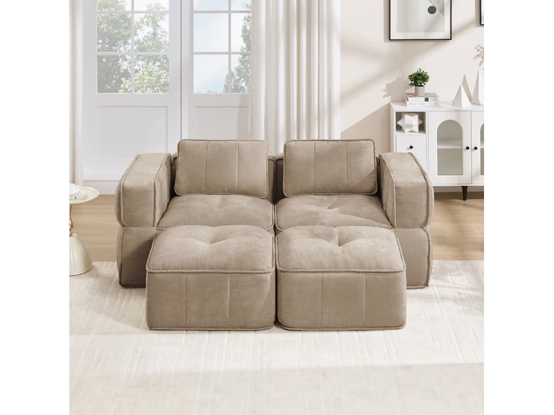  Canapé modulaire 2 places avec deux repose-pieds, assise profonde en mousse 32d, sans montage en polyester sable  - Conforama B
