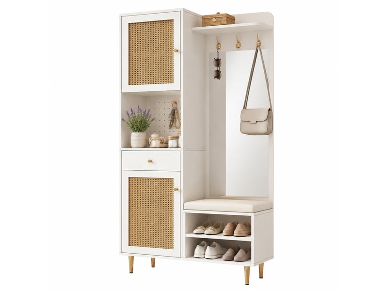  Ensemble vestiaire 99 x 35 x 180 cm – blanc et naturel – banc, miroir, portes en rotin et panneau perforé  - Conforama A