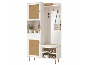 Ensemble vestiaire 99 x 35 x 180 cm – blanc et naturel – banc, miroir, portes en rotin et panneau perforé