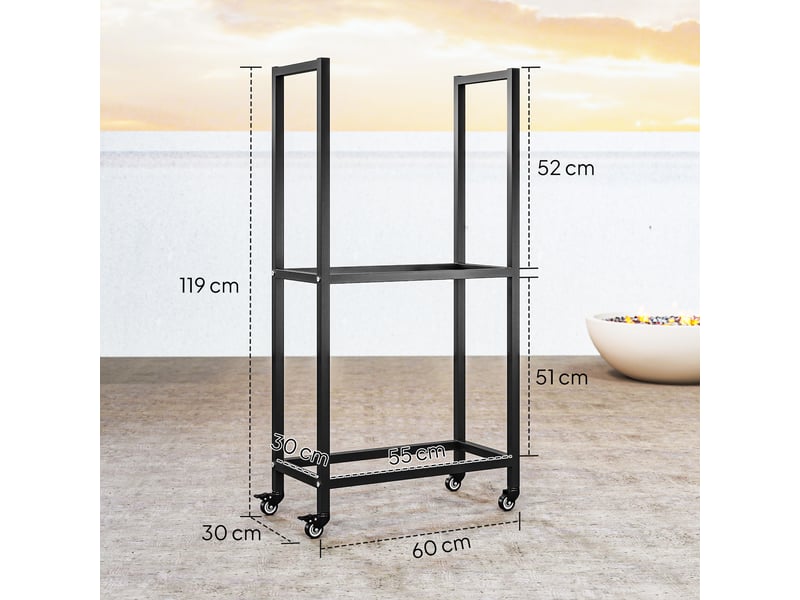  Porte-bûches intérieur extérieur à deux niveaux, acier noir sur roulettes, 60 x 30 x 119 cm  - Conforama E