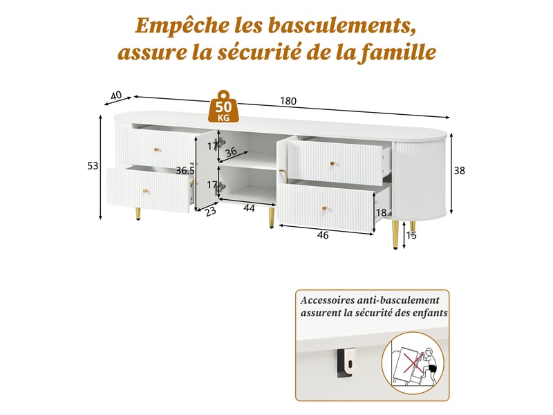  Meuble tv 180 cm-avec pieds métal et passe-câbles-design moderne-blanc GL Store - Conforama C