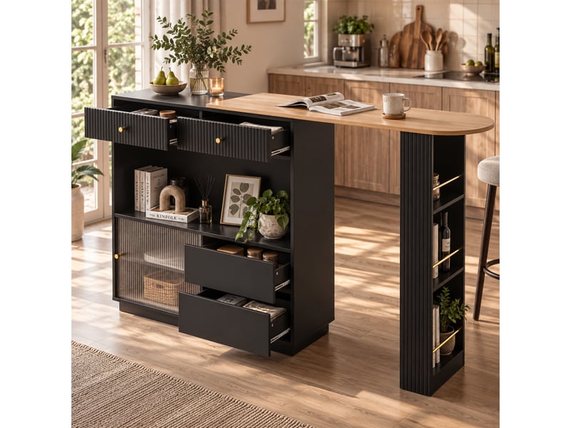  Îlot de cuisine - 120x30x100 cm - plateau extensible - tiroirs - portes de rangement - éclairage led - étagères en verre - noir CozyNest - Conforama C