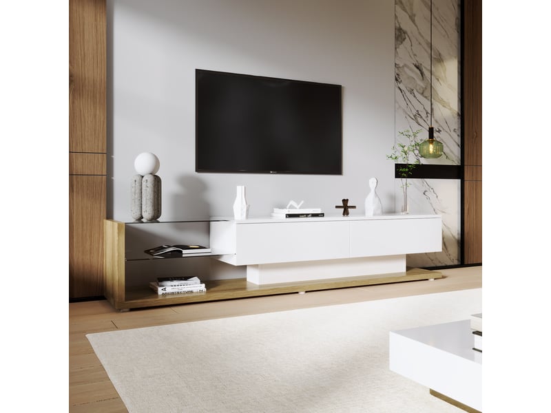 Meuble tv bas 180 cm blanc brillant et effet bois - étagères verre et led - rangement moderne - Conforama D