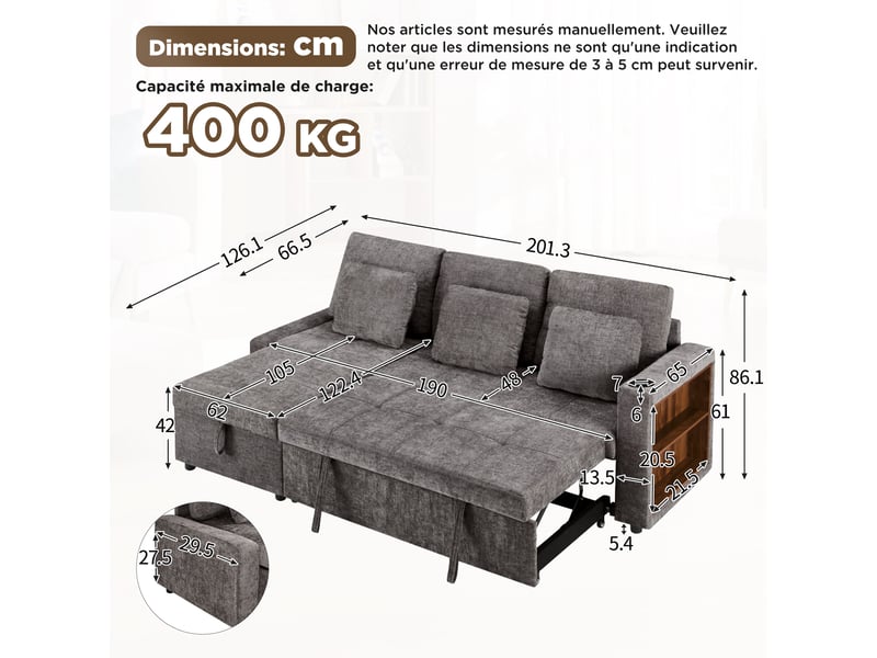  Canapé convertible 3 places rangement  - lit, porte-gobelet, chenille gris - 201,3 × 126,1 × 86,1 cm  - Conforama D