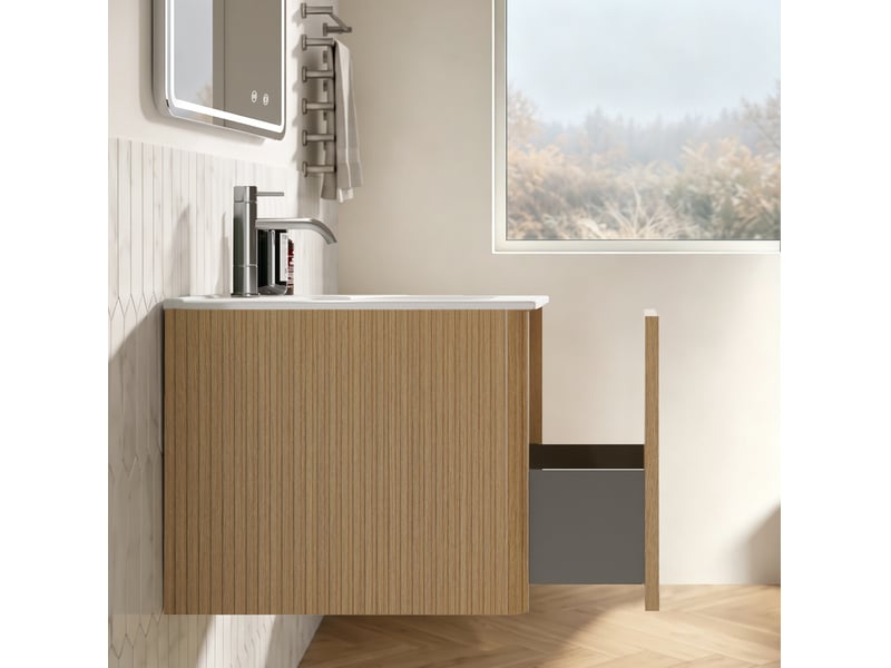  Ensemble meuble de salle de bain suspendu 81 cm – chêne – vasque intégrée, miroir led 80x60 cm, sans robinet  - Conforama E