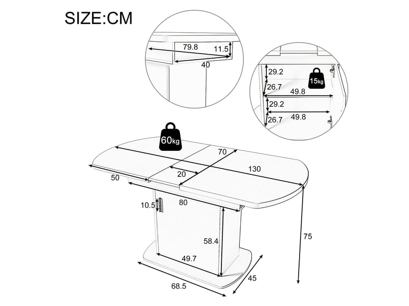 Table à manger ovale extensible 110130x70 cm avec rangement, gain de place, table de cuisine multifonction - effet béton - Conforama E