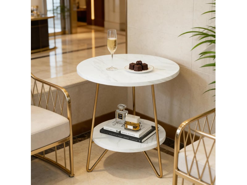  Table d'appoint ronde 48x48x55 cm à 2 niveaux métal or et blanc  - Conforama B
