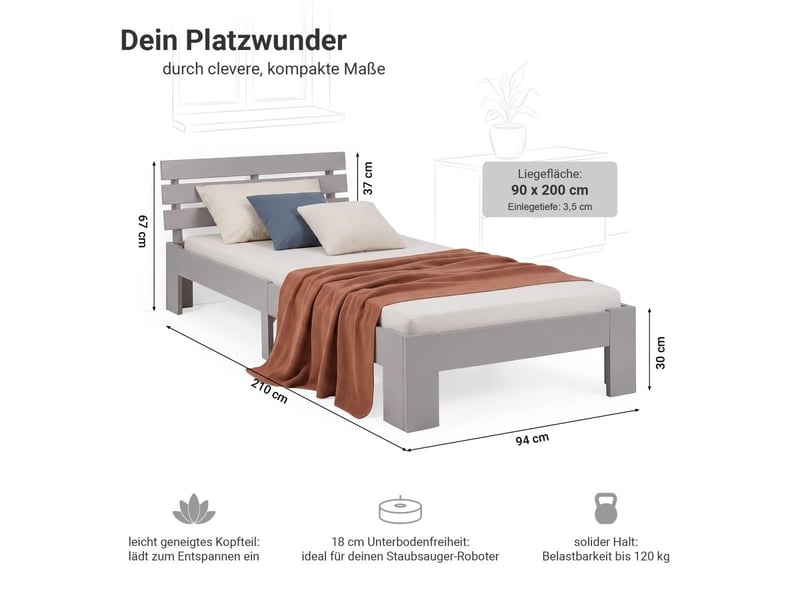  Lit en bois 90x200 cm gris - lit simple - avec matelas - massif - chambre enfant, adolescent, invité 3218 - Conforama C