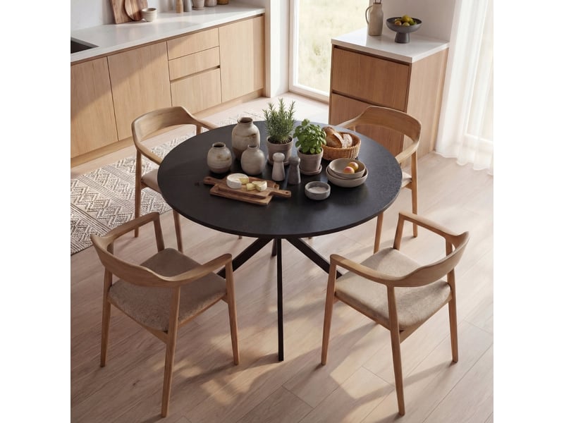  Table de salle à manger ronde pour 4 personnes avec pieds en acier croisés, style industriel, en bois, noir  - Conforama B
