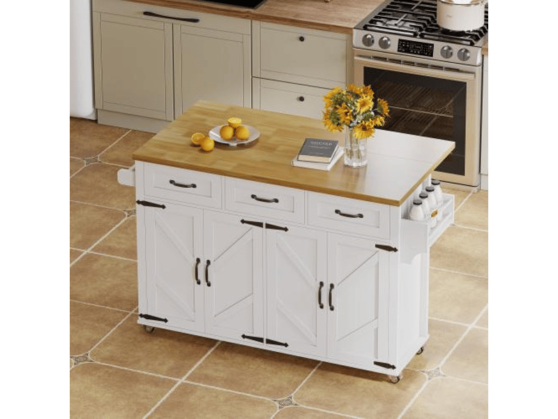  Îlot de cuisine 140x43 à 70x90,5 cm blanc avec plateau rabattable, 4 portes, 3 tiroirs et roulettes  - Conforama B