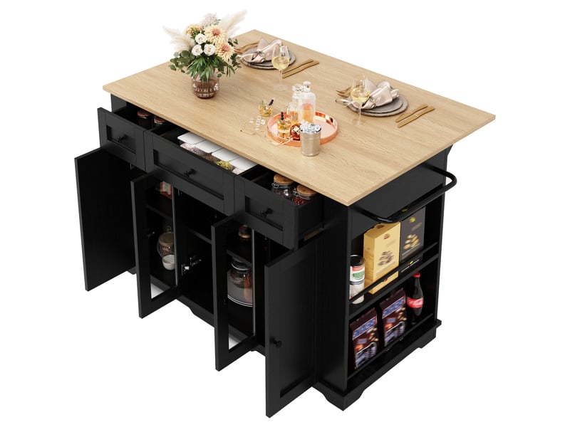  Îlot de cuisine mobile noir et bois naturel 151,5 × 60–85 × 91,7cm, éléments vitrés, étagères réglables, plateau rabattable  - Conforama A