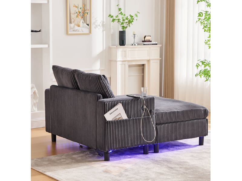  Fauteuil chaise longue modenvie 128 x 142 cm velours côtelé gris foncé led usb porte-gobelets  - Conforama E