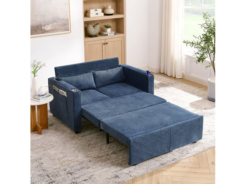 Canapé-lit convertible 2 places ulevr à coulissement avec usb, 195 x 134 x 73 cm, tissu bleu marine - Conforama D