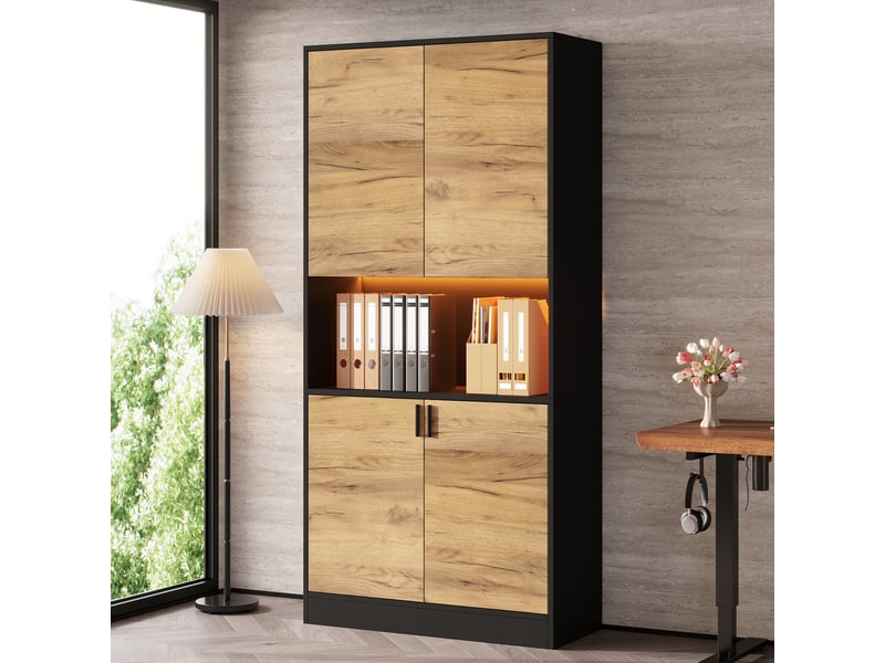  Armoire de rangement 80x35x180 cm avec led, meuble de bureau effet bois noir avec étagères réglables, bibliothèque portes pour salon bureau et entrée  - Conforama B