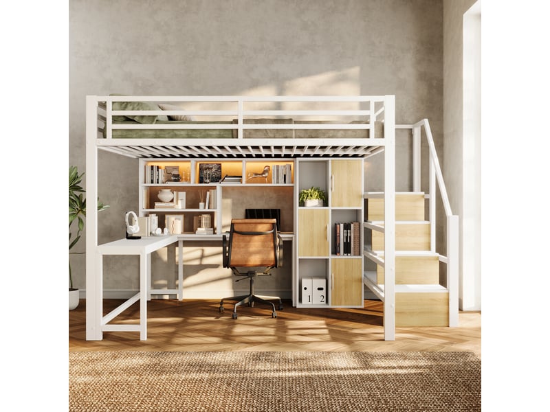  Lit mezzanine 140 x 200 cm avec bureau, led et escalier avec rangement, lit double en métal blanc avec étagères et placards intégrés  - Conforama C