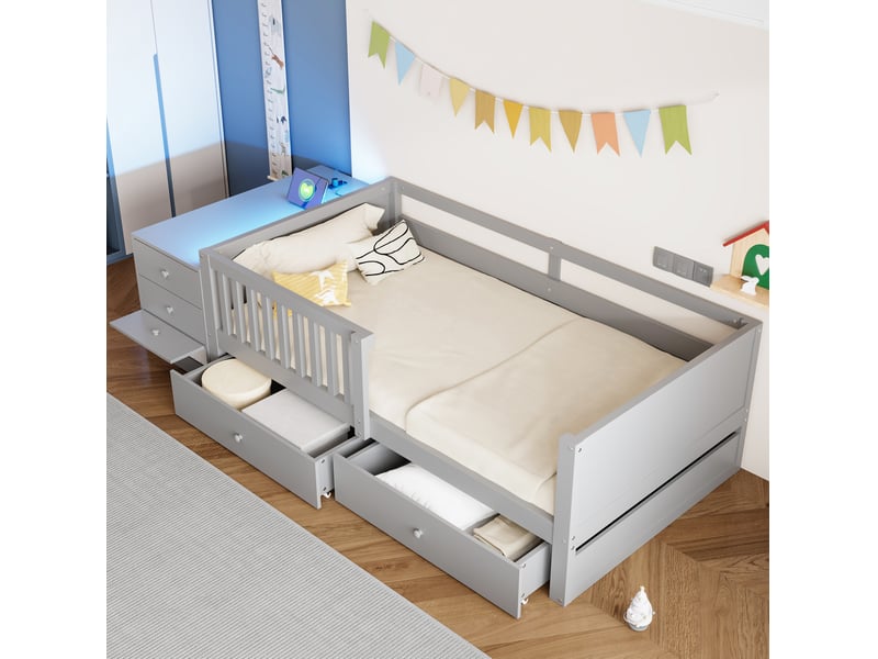 Lit enfant 90 × 200 cm avec 2 tiroirs, rangement séparé, prise, éclairage led et bureau pour chambre d'enfant  - Conforama D