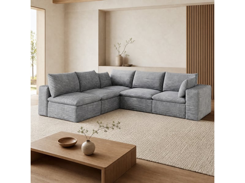  Canapé d'angle modulable modenvie 340 cm en velours côtelé gris foncé, 5 places, coussins amovibles, sans montage  - Conforama B