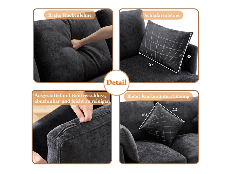  Canapé modulable 3 places en tissu chenille gris, configurable en l, avec pouf et 4 coussins, 216×161×81 cm  - Conforama E