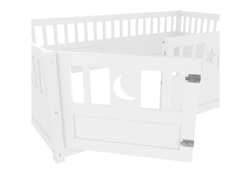  Lit enfant 140 x 190 cm avec barrières, portillon verrouillable et décor étoiles et lune, sans sommier à lattes, pin et contreplaqué, blanc Fay Lum - Conforama E