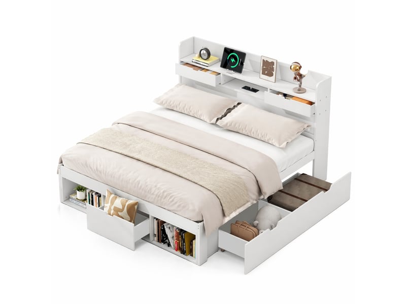  Lit enfant 140x190cm, sommier, recharge, étagère, tiroirs, rangement, bois blanc sans matelas  - Conforama A