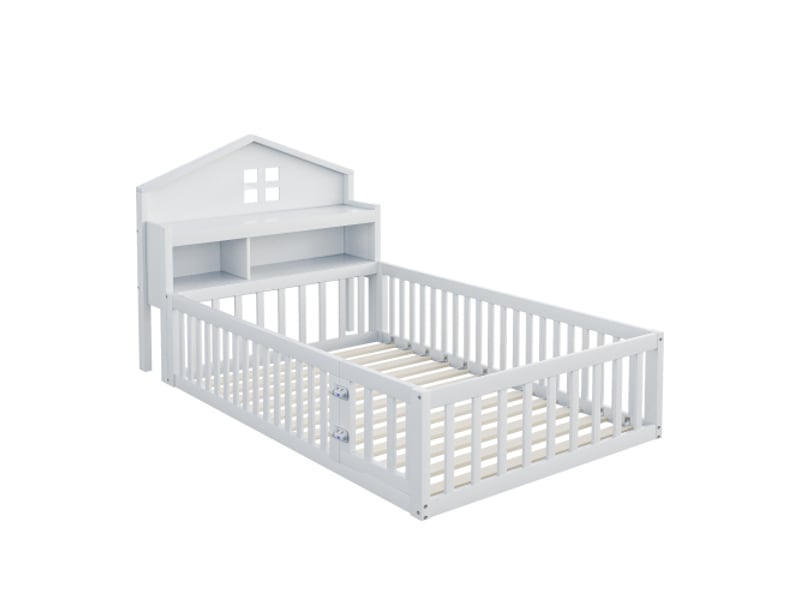  Lit enfant 90x200 cm, avec étagères et rangements, barrière de sécurité, porte et sommier à lattes, sans matelas, en bois, blanc  - Conforama E