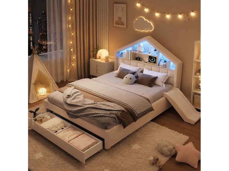  Lit cabane enfant 140 x 200 cm beige avec toboggan réversible, éclairage led, port de charge et grand coffre de rangement  - Conforama B