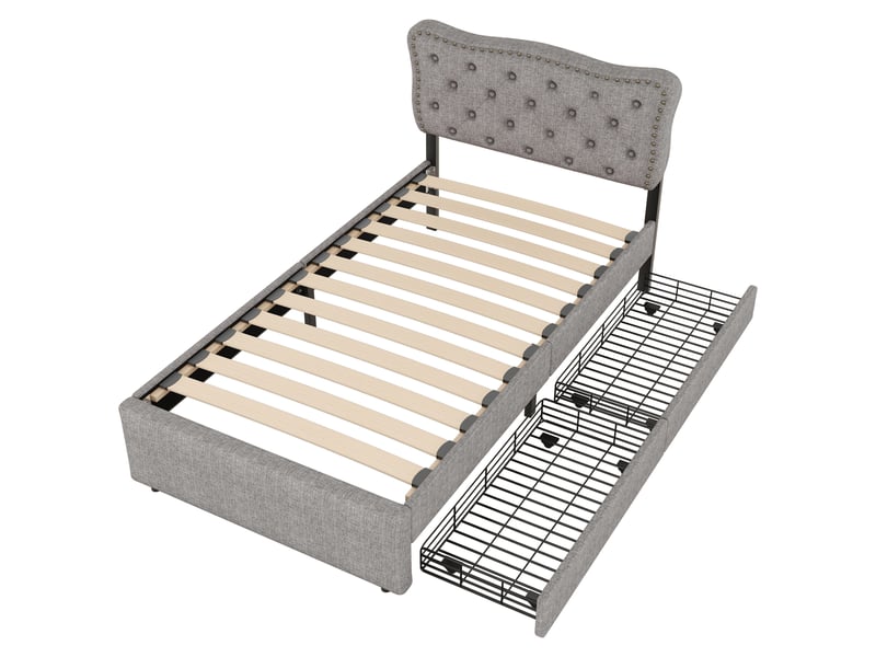  Lit rembourré gris 90x200 cm avec détails cloutés et 2 tiroirs de rangement  - Conforama D