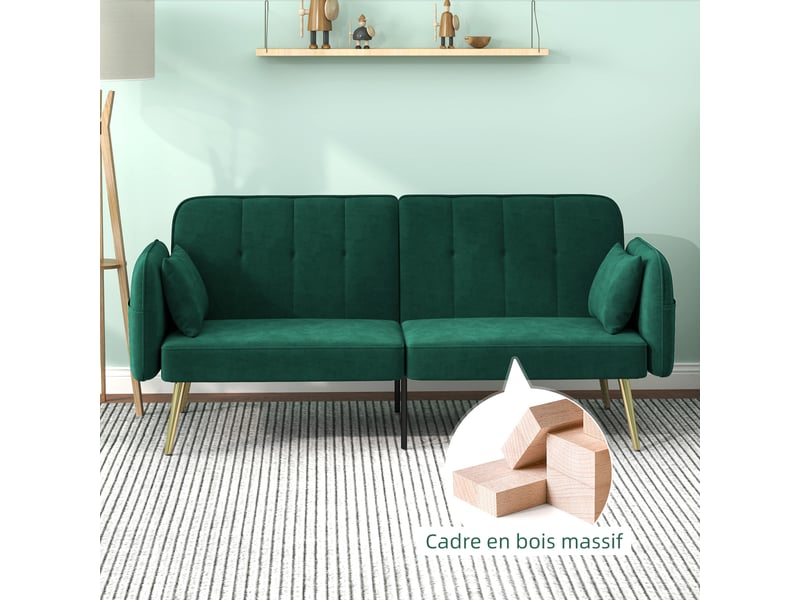  Canapé convertible 2 places canapé-lit canapé clic-clac en tissu velours avec réglable dossier, vert foncé  - Conforama W