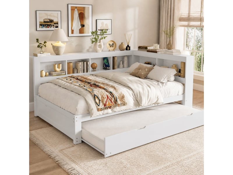  Lit gigogne 140x200 cm avec prises usb et rangements, blanc  - Conforama C