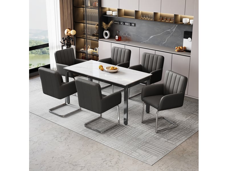  Lot de 6 chaises de salle à manger rembourrées avec accoudoirs et dossier ergonomique en polyuréthane noir  - Conforama B