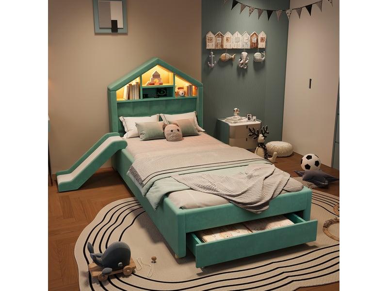  Lit enfant 90x200 cm bleu-vert en velours, avec toboggan réversible, led, rangement et charge, sans matelas  - Conforama B