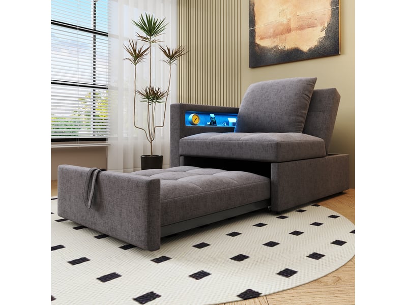  Canapé-lit 3-en-1 gris foncé en tissu de lin avec led, usb et type-c  - Conforama D