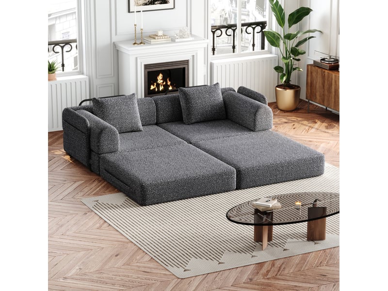  Canapé-lit 1 place en chenille, coffre d’accoudoir, gris  - Conforama D