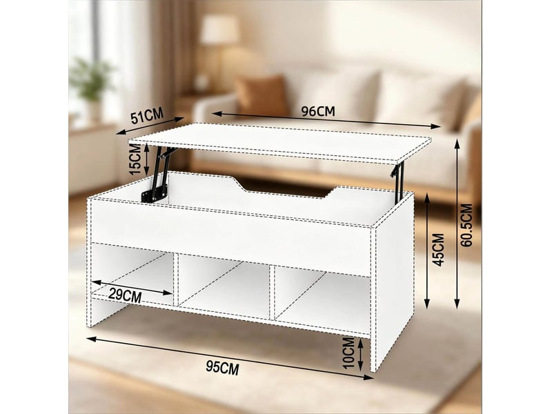  Table basse relevable 96x45x51 cm avec rangements, finition mélaminée blanche  - Conforama E