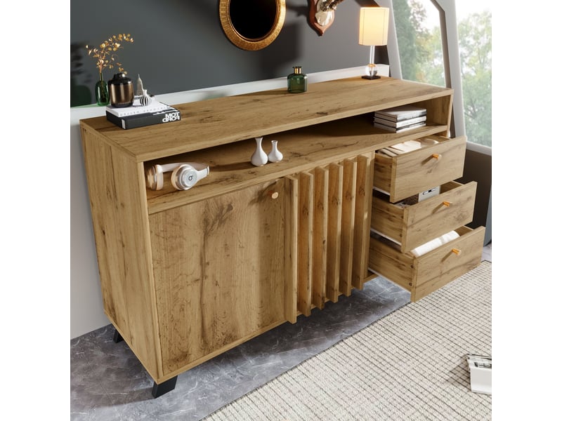 Buffet bahut 120x40x85 cm, commode effet chêne foncé avec 3 tiroirs, 2 portes, niche ouverte, façade à lattes - chêne foncé - Conforama E