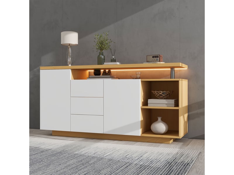  Buffet 140 cm 2 portes 3 tiroirs blanc et chêne avec éclairage led  - Conforama B