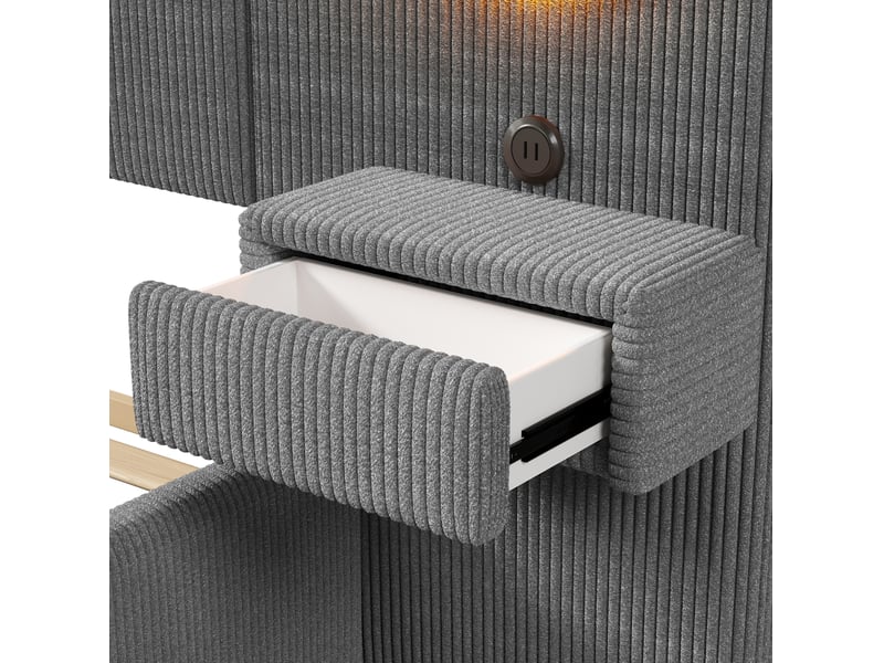  Lit rembourré 180 × 200 cm 2 places avec led réglable, usb et tiroirs, sans matelas, en velours gris  - Conforama E